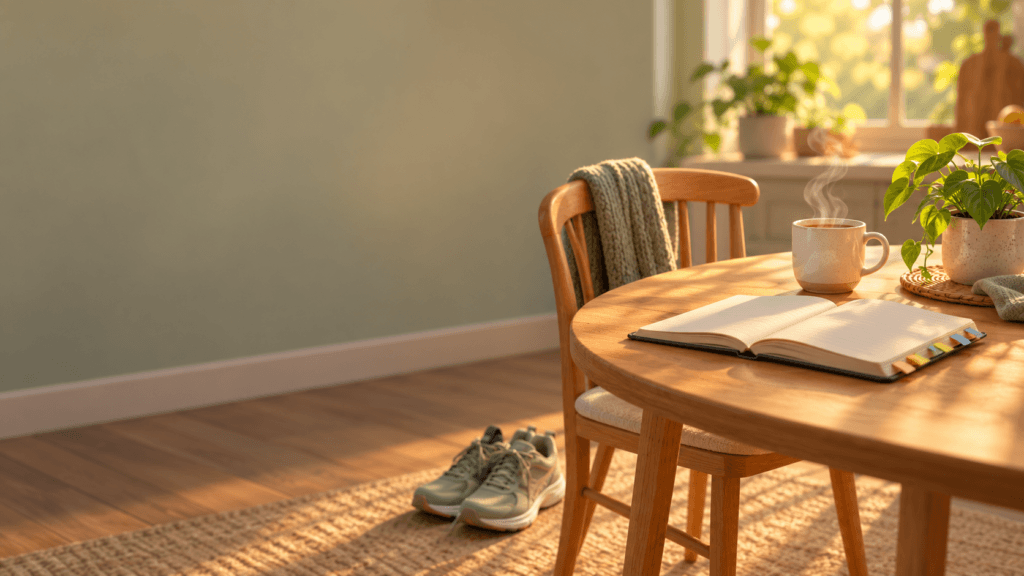 A sunny kitchen table with a tabbed journal, a steaming mug, a plant, and running shoes beside the chair.